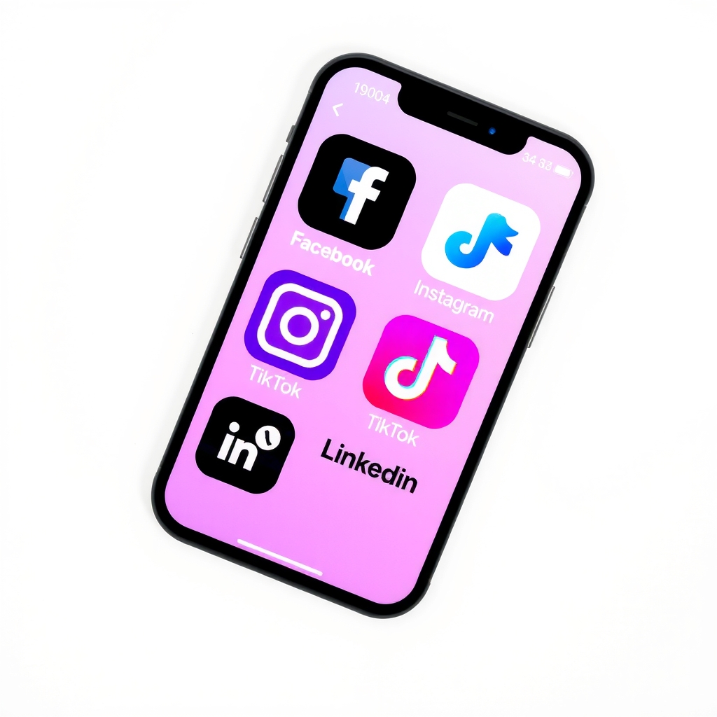 Một màn hình điện thoại hiển thị giao diện các ứng dụng mạng xã hội phổ biến như Facebook, Instagram, TikTok, LinkedIn 