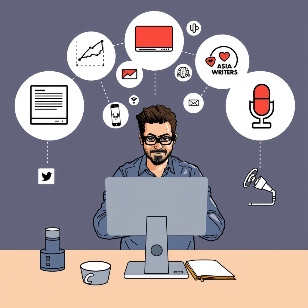 Một nhà văn đang ngồi trước máy tính, xung quanh là các biểu tượng đại diện cho blog, video, podcast, thể hiện quá trình sáng tạo nội dung đa dạng. 
