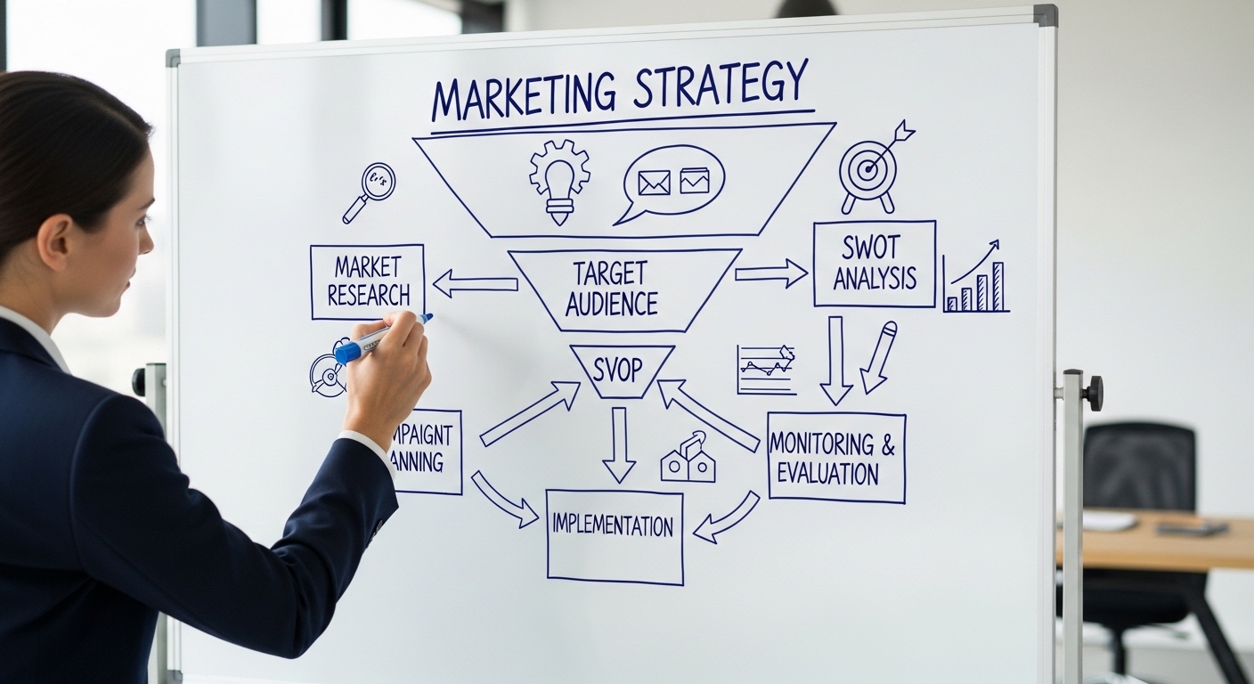 Một người đang vẽ sơ đồ chiến lược marketing trên bảng trắng với các bước rõ ràng 